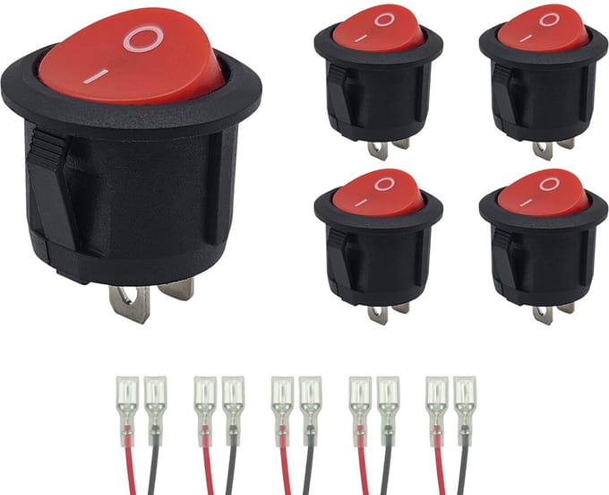 ProRide Wipschakelaar ON/OFF KCD2-202 - met Aansluitkabels - 2-pins - Rond ?20mm - 250V/6A - Rood - 5 stuks