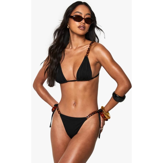 boohoo Dames Premium Swim Kettingriem Glitter Bikini Tie Side Bikini Slip | Zwart | Maat: 44