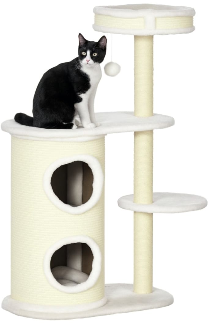 Krabpaal met Krabton - 59 x 35 x 100 cm - Met Kattenbed en Speelgoed - Crème Wit