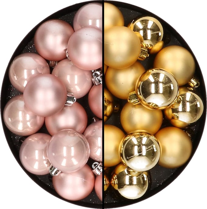 Decoris Kleine kerstballen - 32x st - goud en lichtroze - D4 cm - plastic - kerstversiering