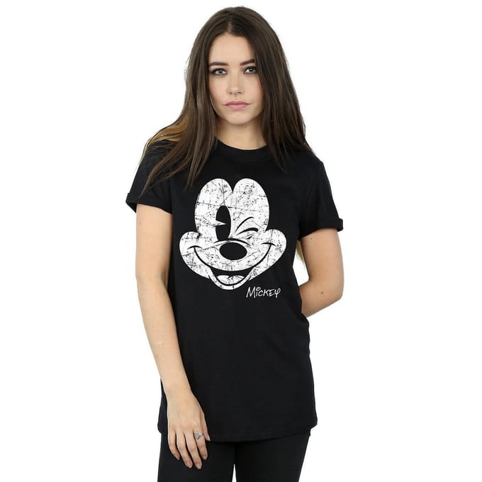 Disney Dames/Dames Mickey Mouse Distressed Katoenen Vriendje T-shirt (Zwart)