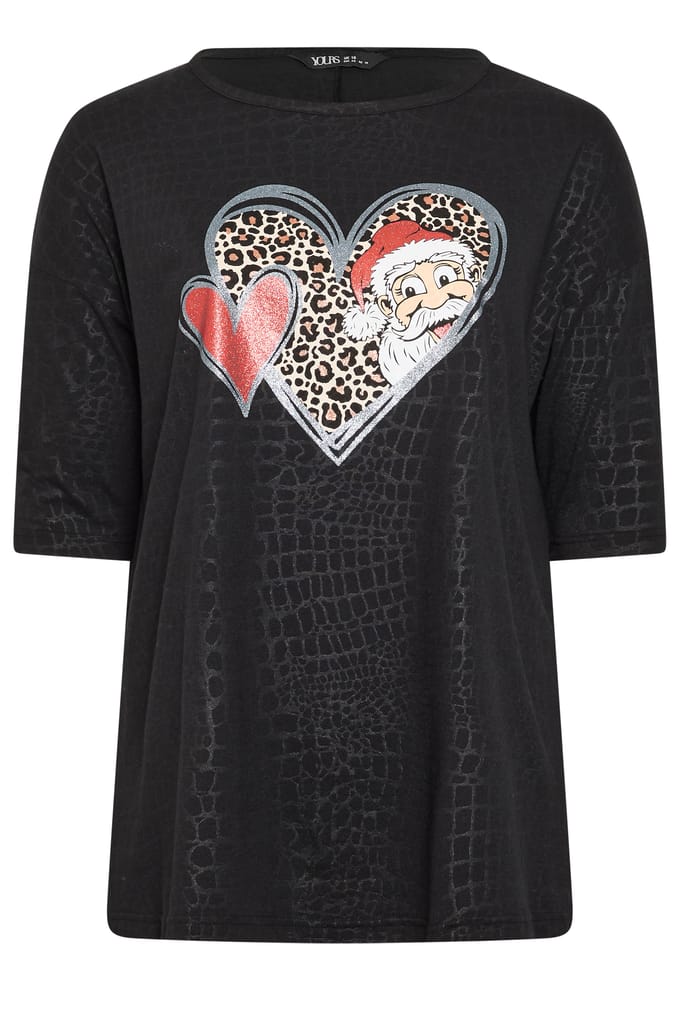 Yours Plus Size Black Santa & Leopard Heart Christmas Novelty Tshirt Size 44