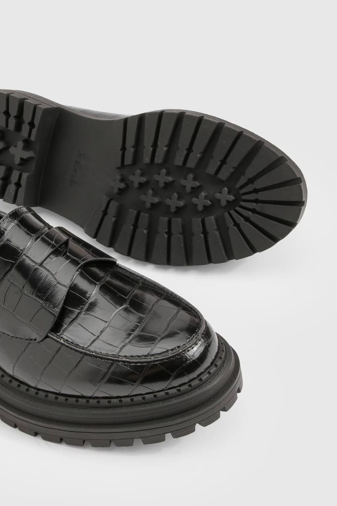 boohoo Dames Chunky Croco Banddetail Loafers | Black | Maat: 3
