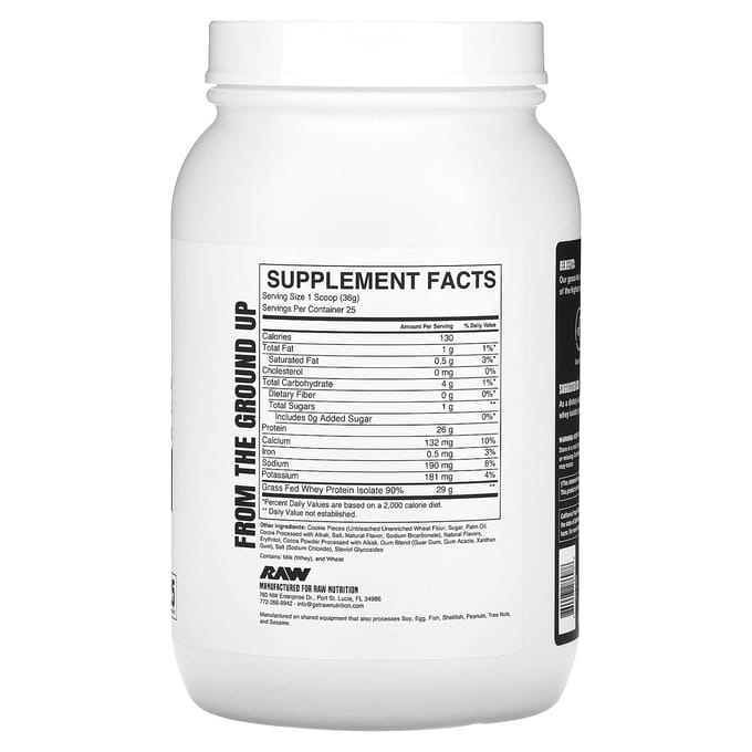 Raw Nutrition, Isolat de Protéine de Whey Nourri à l'Herbe, Cookies & Crème, 1,98 lb (900g)