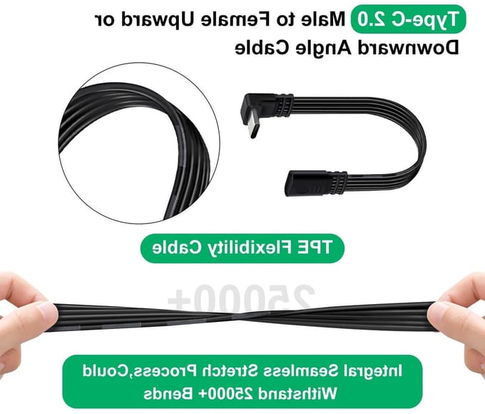 USB C 90 graden kabel - Type C platte kabel voor snelle oplading en datatransfer, 0.3m lengte