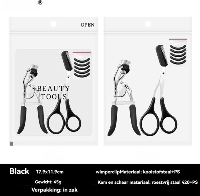 Wimperkruller - wimperkruller set-Eyelash Curler + 5x Gratis Extra Siliconen Pad-Wenkbrauwschaar&Incl. kammetje -zwart