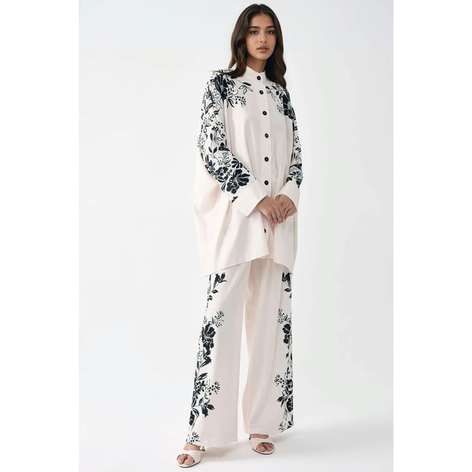 Geprinte Oversized Twee-delen Set met Ronde Hals en Knopdetails