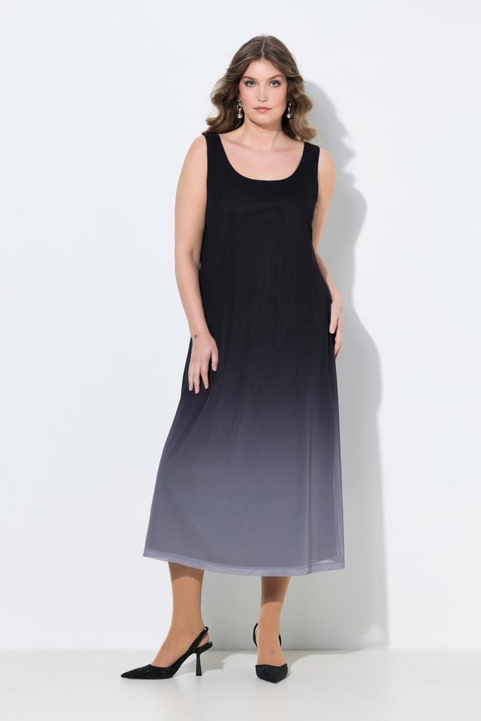 MIAMODA - Dames - Jurk mouwloze A-lijn mesh kleurverloop - Zwart - Maat 42