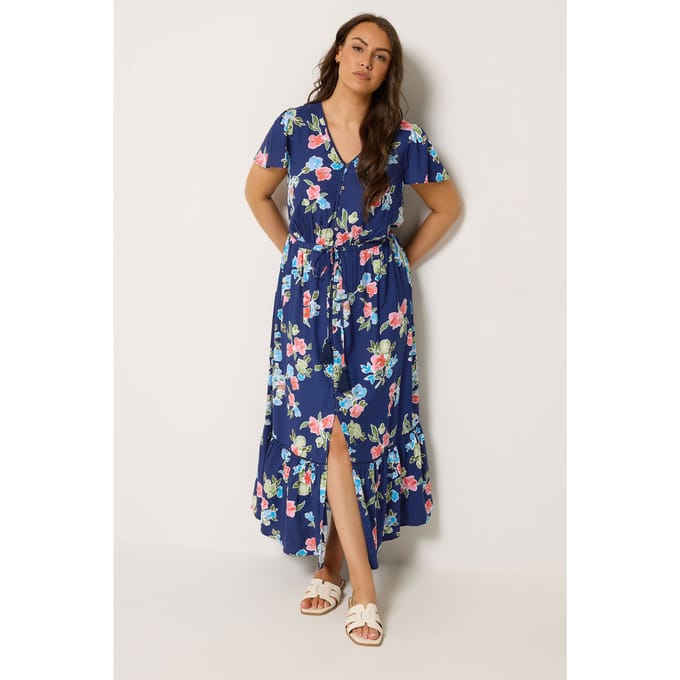 Yours Blauwe Jurk Met Bloemenprint En Mouwen Size 44