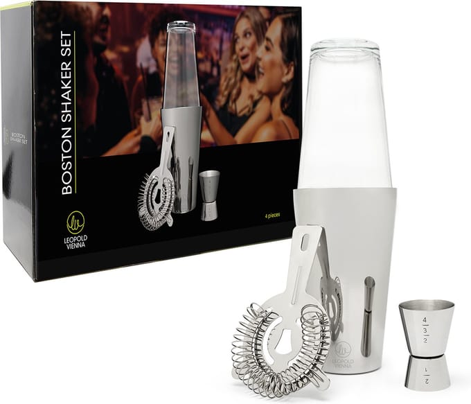 Leopold Vienna - Cocktail set Boston RVS (cocktail shakebeker, zeef, jigger/pipet) cadeau giftset