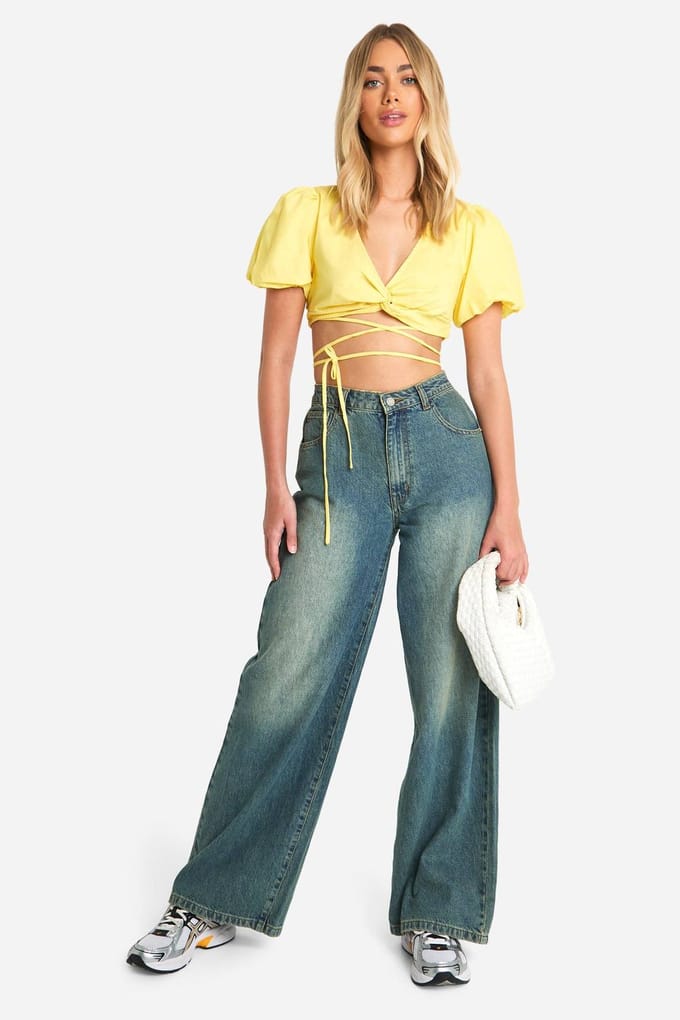 boohoo Dames Puff Sleeve Knot Front Crop Top | Citroen | Maat: 38