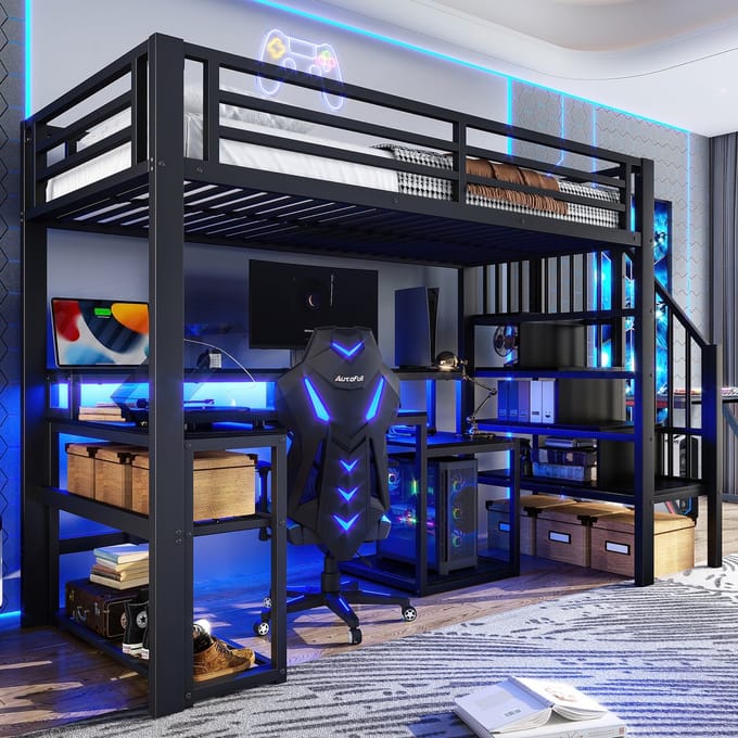 MODFU Hoogslaper / bedframe 90x200 cm van metaal en MDF – met bureau, opbergruimte en LED – zwart