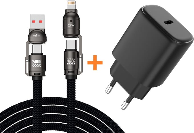 USB C Adapter - SnelladerUSB C Adapter - Snellader 25w- USB C Oplader - Adapter USB C Met 240W (1.5m) 4 in 1 kabel - Zwart