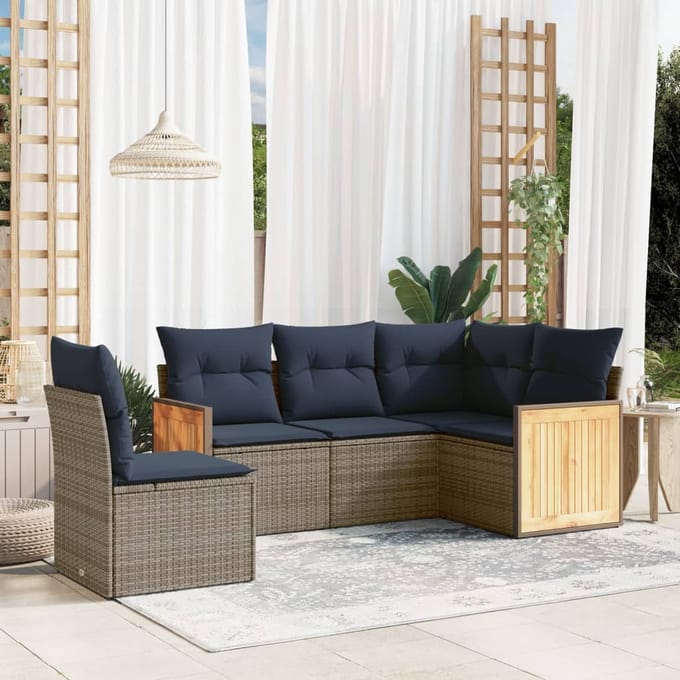 vidaXL - 5-delige - tuinbankset - met - kussens, - grijs - polyrotan