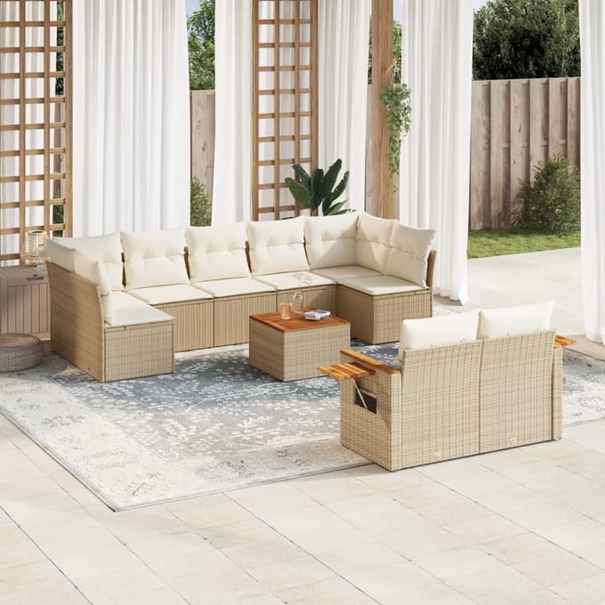 vidaXL - 10-delige - Loungeset - met - kussens - poly - rattan - beige