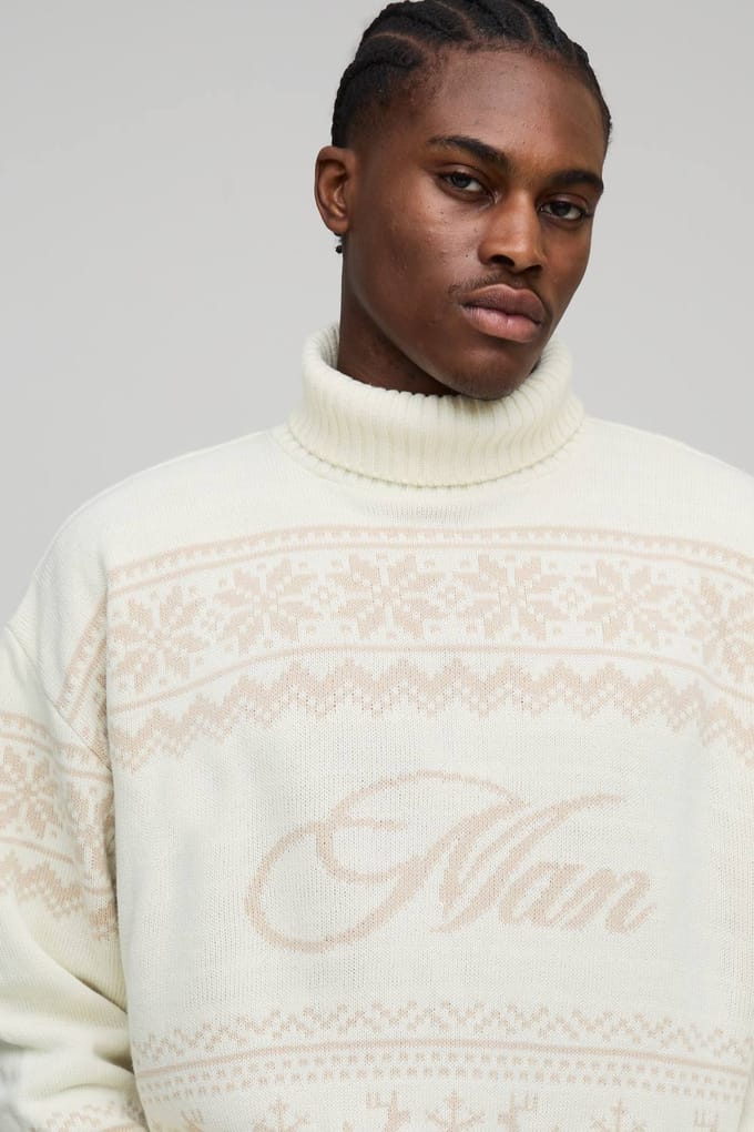 Oversized Boxy Roll Neck Christmas Fair Isle Knitted Jumper | Ecru | Size Medium