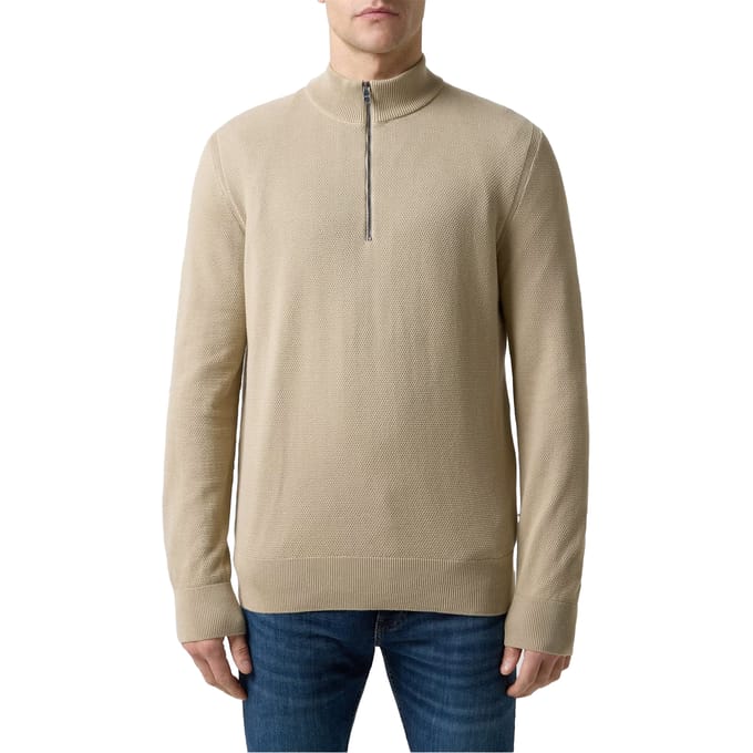 Boss Heren Ebrando-P gebreide trui met halve rits (Licht Beige)
