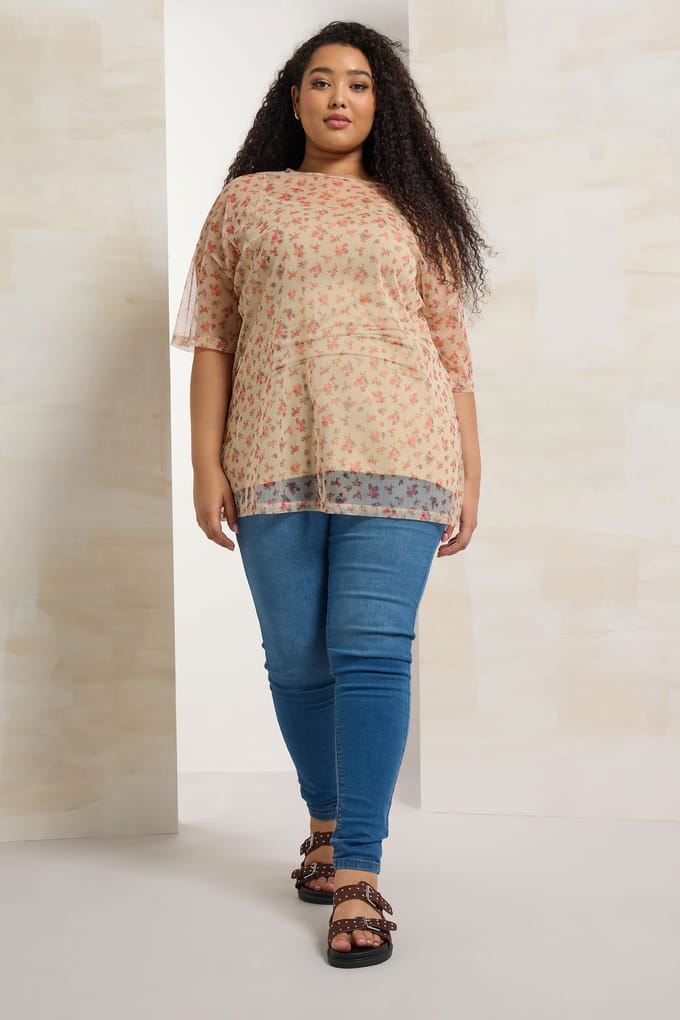 Yours Natuurlijke Bruine Ditsy Bloemen Oversized Mesh Top Size 48