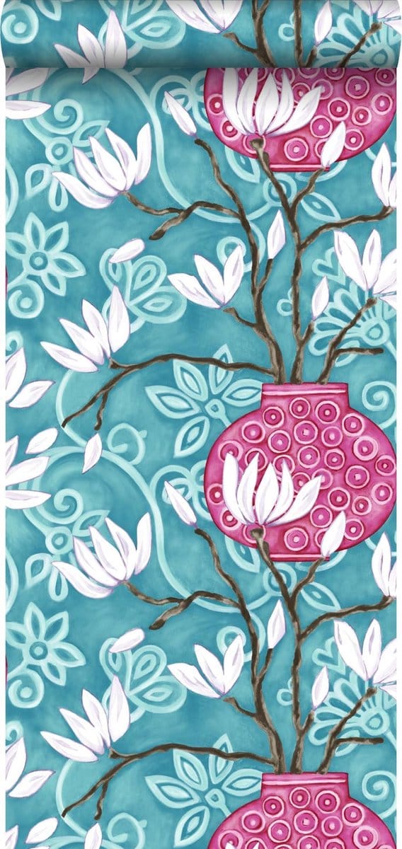 Origin Wallcoverings behang magnolia turquoise en roze - 53 cm x 10.05 m - 346925