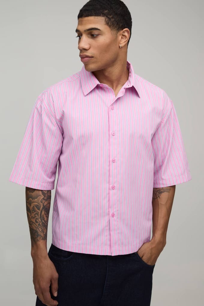 Oversized Boxy Shirt Met Halve Mouwen En Meerdere Strepen | Pink | Size Medium