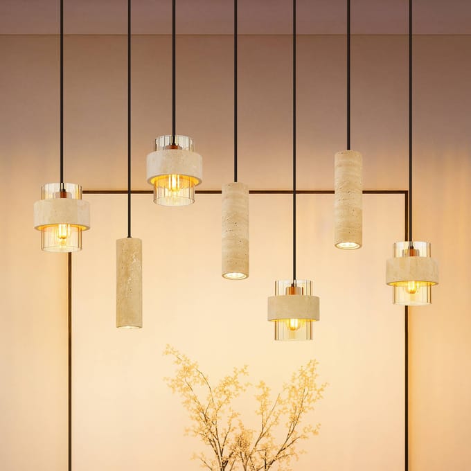 Globo Hanglamp Daren, 7-lamps, beige/amber/zwart, E27 + GU10