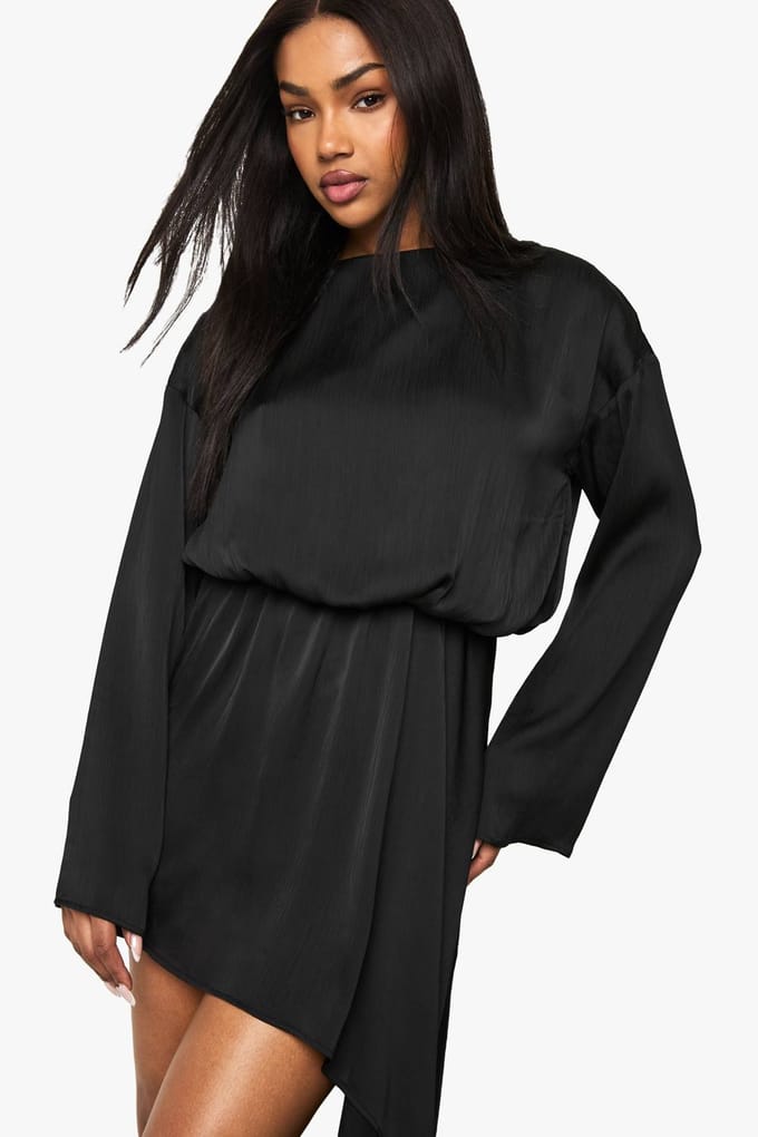 boohoo Dames Mini-jurk met boothals en blouson-drape | Black | Maat: 8