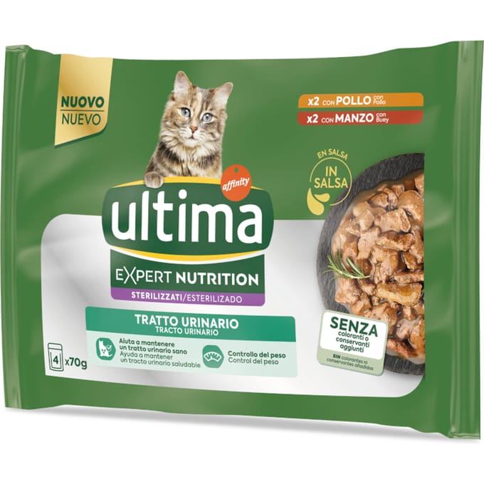 3 x 70 g + 1 x 70 g gratis! Ultima Expert Nutrion natvoer voor katten - Urinary Kip & Rundvlees 4 x 70 g