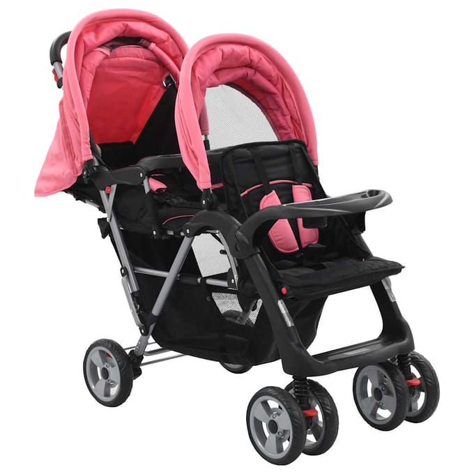vidaXL - Kinderwagen - dubbel - staal - roze - en - zwart