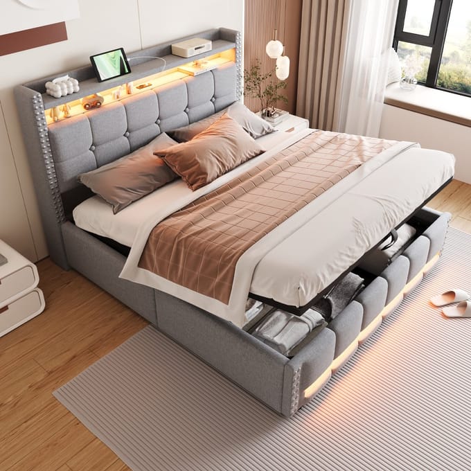 MODFU Ledikant 160x200 cm – linnen lichtgrijs – met LED, USB en hydraulische opbergruimte – elegant design