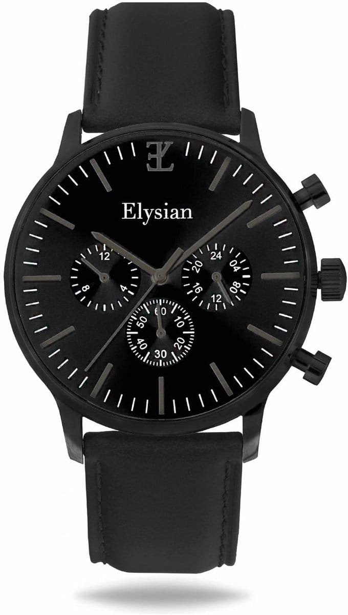 Elysian - Horloge Heren - Zwartkleurig - Zwarte Wijzerplaat - Zwart Leer - Waterdicht - Krasvrij Saffier - 43mm