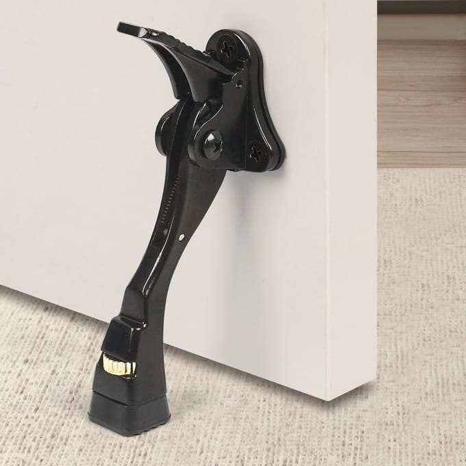 Zwarte Kick Down deurstoppers voor de onderkant van de deur, Heavy Duty Kickdown deurstop, verstelbare deurstoppers, One Touch Kick Down Stopper (4 Inch x 1 Pack)