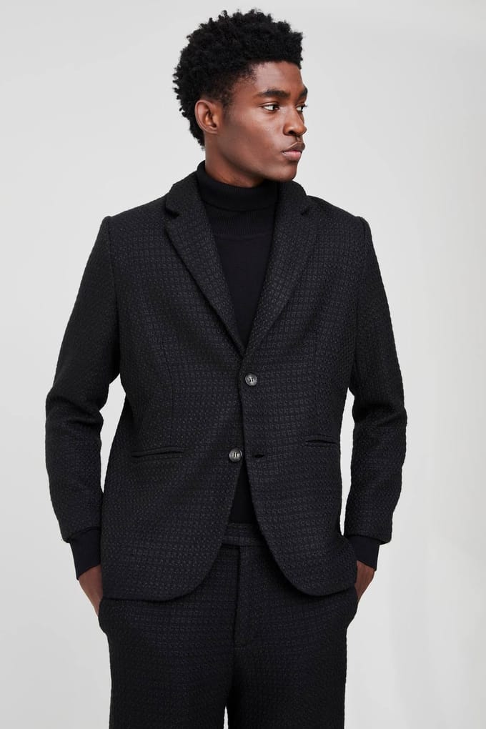Straight Fit Boucle Single Breasted Blazer | Black | Size 46