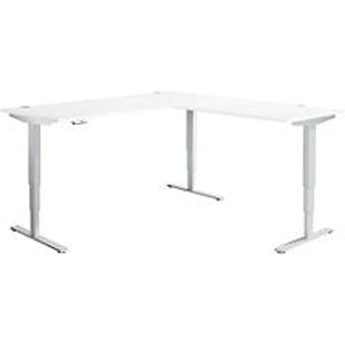 AERO FLEX hoekbureau, elektrisch in hoogte verstelbaar, hoek 90°, T-voet, B 2000 x D 2000 mm, aluminium wit/wit + memorypaneel
