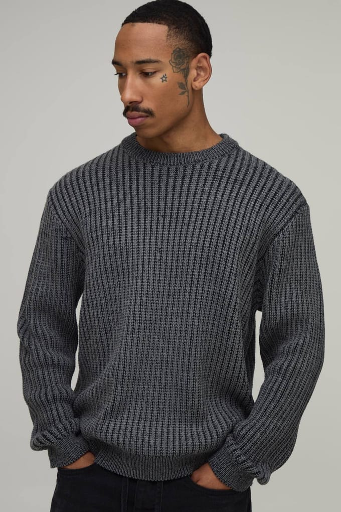 Relaxed Fit Gebreide Trui Met Contrasterende Ribbels | Charcoal | Size Medium