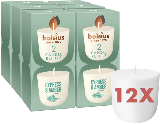 Bolsius - CleanLight - 12 Gegeurde Navullingen - Cypress & Amber - Navulbare Geurkaarsen