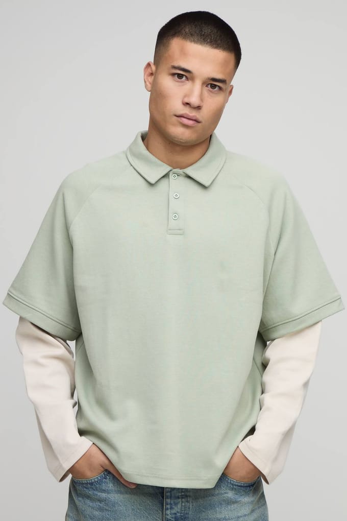 Oversized Premium Interlock Faux Sleeve Polo T-Shirt | Sage | Size Medium