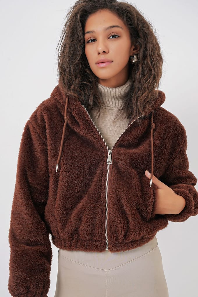 Korte Pluche Zip-Front Hoodie