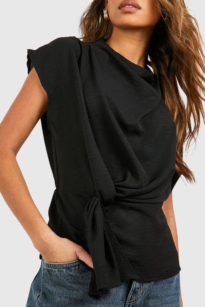 boohoo Dames Gehamerde Knot Front Cowl Neck Blouse | Zwart | Maat: 36