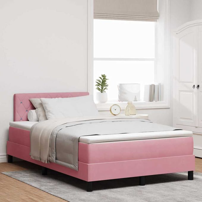 vidaXL - LED - Box - Spring - Bed - met - hoofdeinde - Roze - 120 - x - 200 - cm - Fluweel