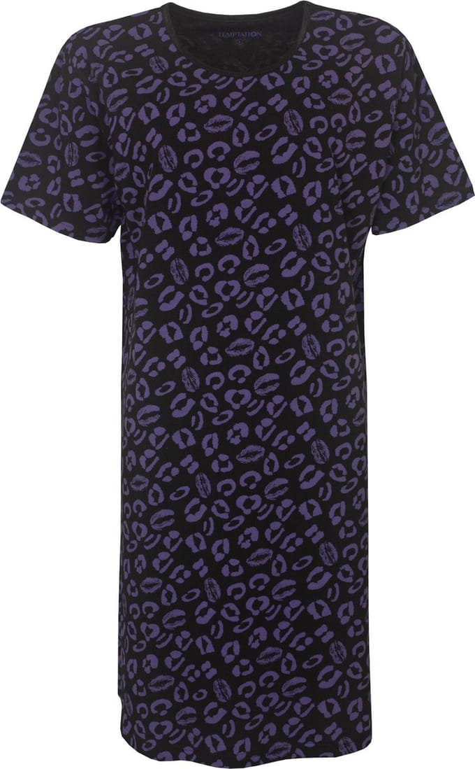 Temptation Dames Bigshirt - Paars Kusjesprint - Zwart - Maat S