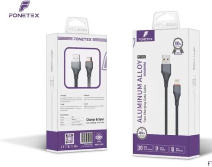 FoneTex Snel Oplaadkabel 1M | USB naar Lightning 8-pin | Fast Charging 30W | Geweven Nylon | Grijs/Zwart | Compatibel met iPhone & iPad