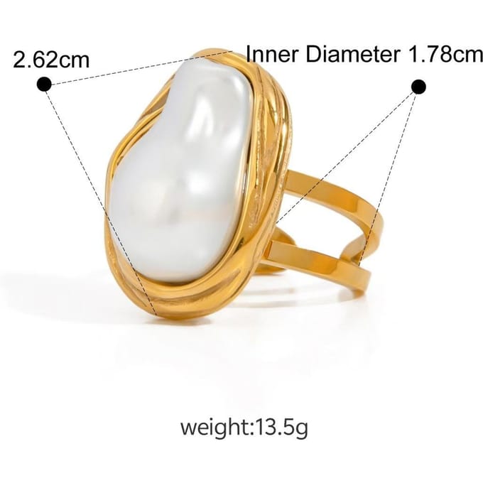 Bague ouverte en acier inoxydable avec perle baroque pour femme or