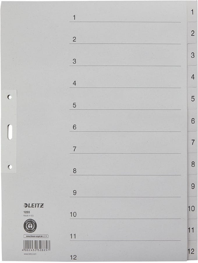 LEITZ kraftpapier-tabbladen, cijfers, A4 overbreed, 1-12,grijs