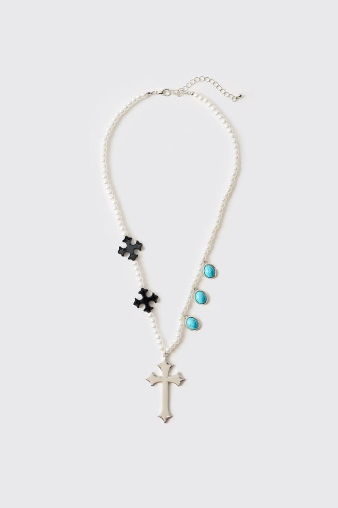 Faux Pearl Necklace with Black Cross and Teal Gemstones