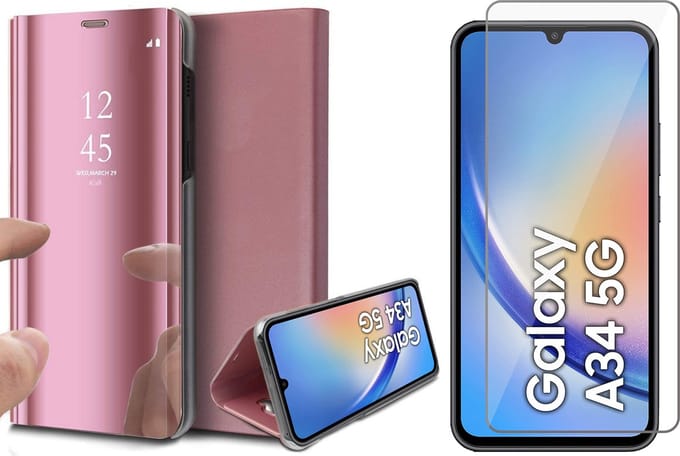Hoesje geschikt voor Samsung Galaxy A34 - Screen Protector GlassGuard - Book Case Spiegel Roségoud & Screenprotector