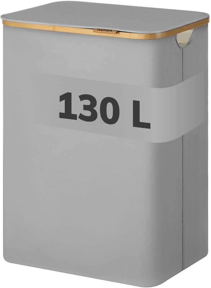 ACAZA Wasmand Met Deksel - 2 Vakken - 130 L - Bamboe - 52 x 38,5 x 70,5 cm - Grijs