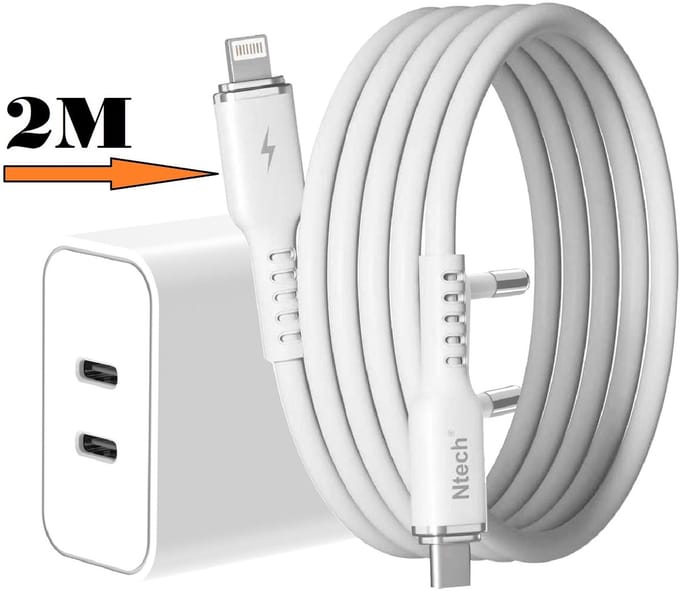 USB-C Adapter / Oplader 35W Snellader – 2 Poorten met 2M Lightning naar USB-C Kabel – Geschikt voor Smartphone & Tablet