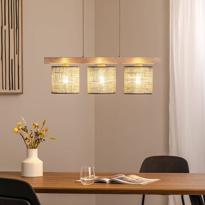 Duolla Hanglamp Forest, 3-lamps, hout licht, jute grijs