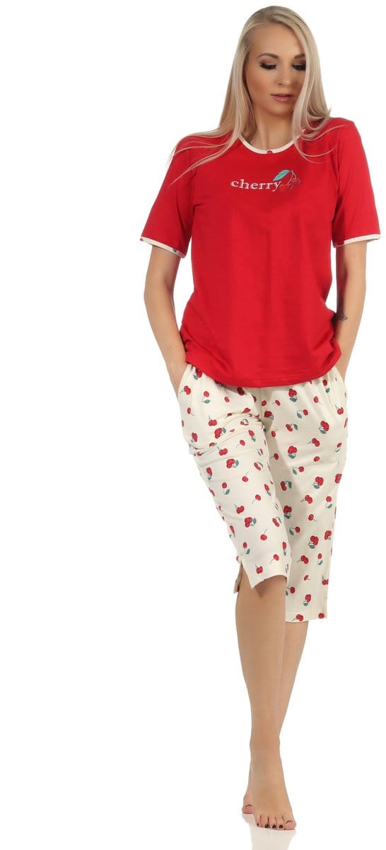 Leuke dames capri pyjama korte mouw met kersen motief - 112 204 90 535