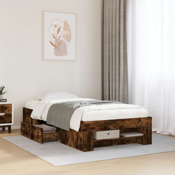 vidaXL - Bedframe - zonder - matras - hout - gerookt - eikenkleurig - 75x190 - cm